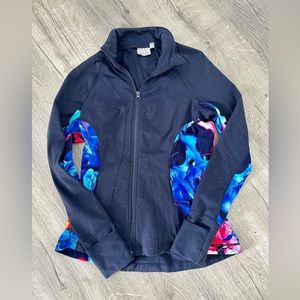 ATHLETA Womens Blue Navy Floral Detail Jacket Running Yoga Size Small